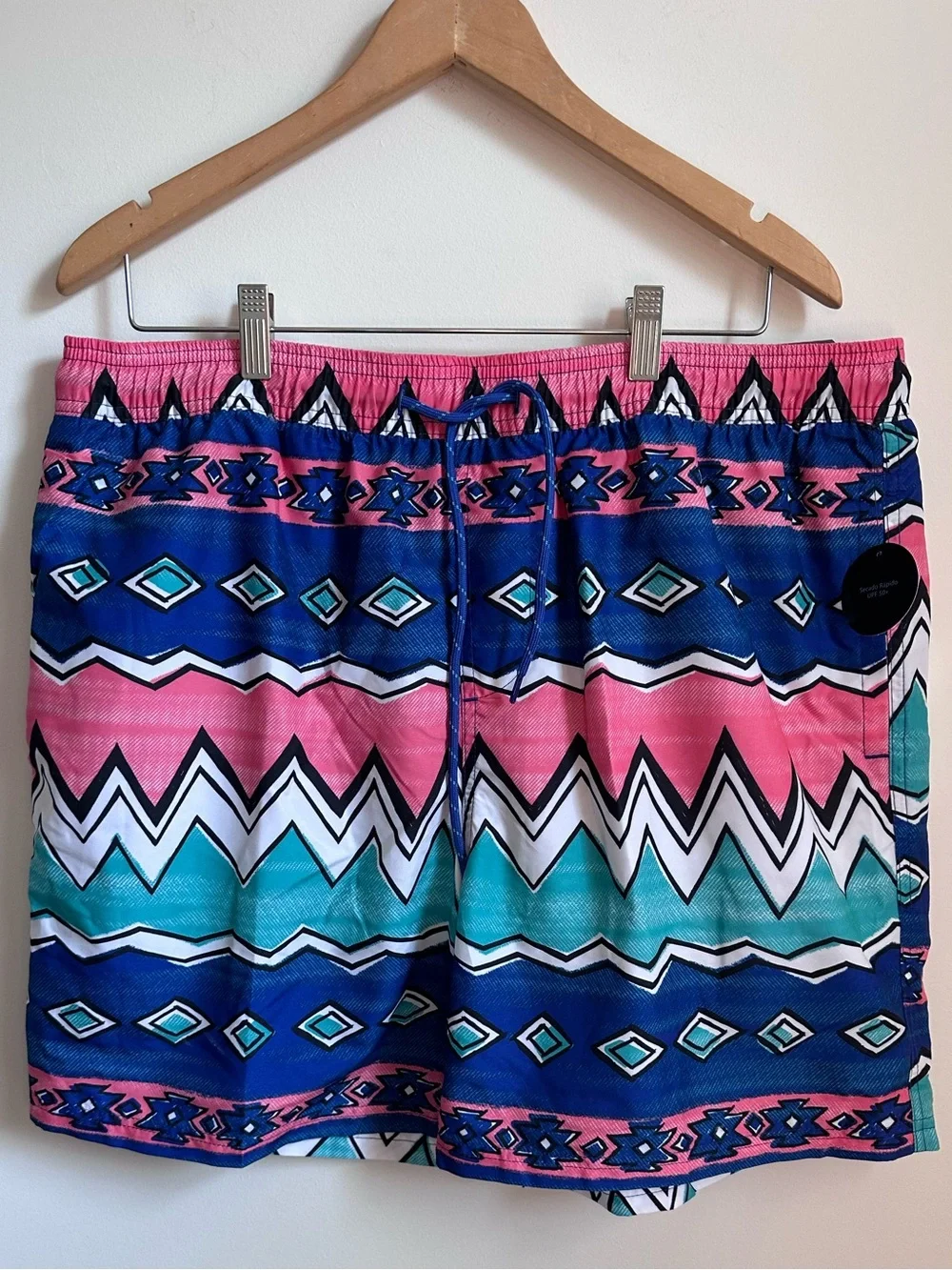 NWT Men’s Swim Trunks LG 36-38 Blue Pink Aztec Print Mesh Lined No Boundaries